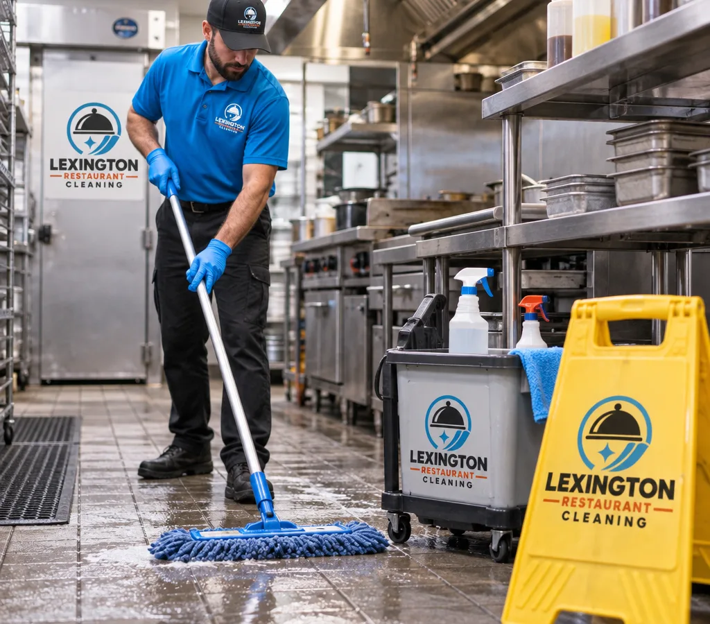 Commercial cleaner in PPE mopping and detailing a restaurant back-of-house floor near a prep line