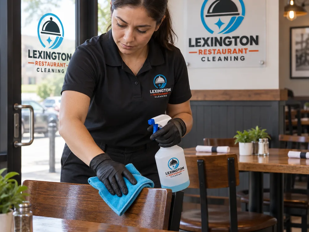 Cleaner sanitizing restaurant dining-area tables, chair backs, and door handles
