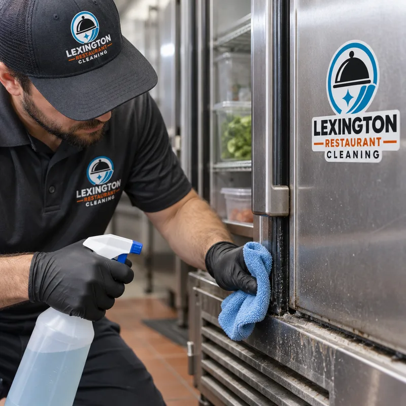 Hands cleaning a commercial refrigerator door, handle, gasket area, and kick plate