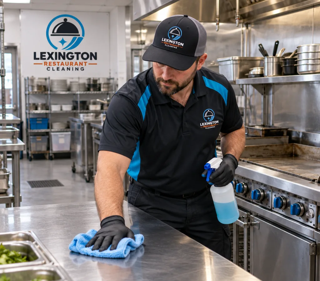 Technician wiping a stainless prep table and cooking line in an organized commercial restaurant kitchen