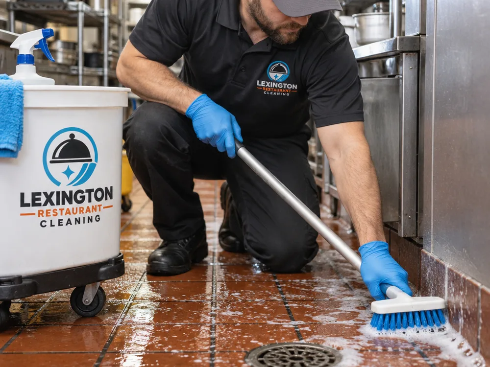 Technician scrubbing quarry tile flooring, floor-drain area, and base cove in a commercial kitchen