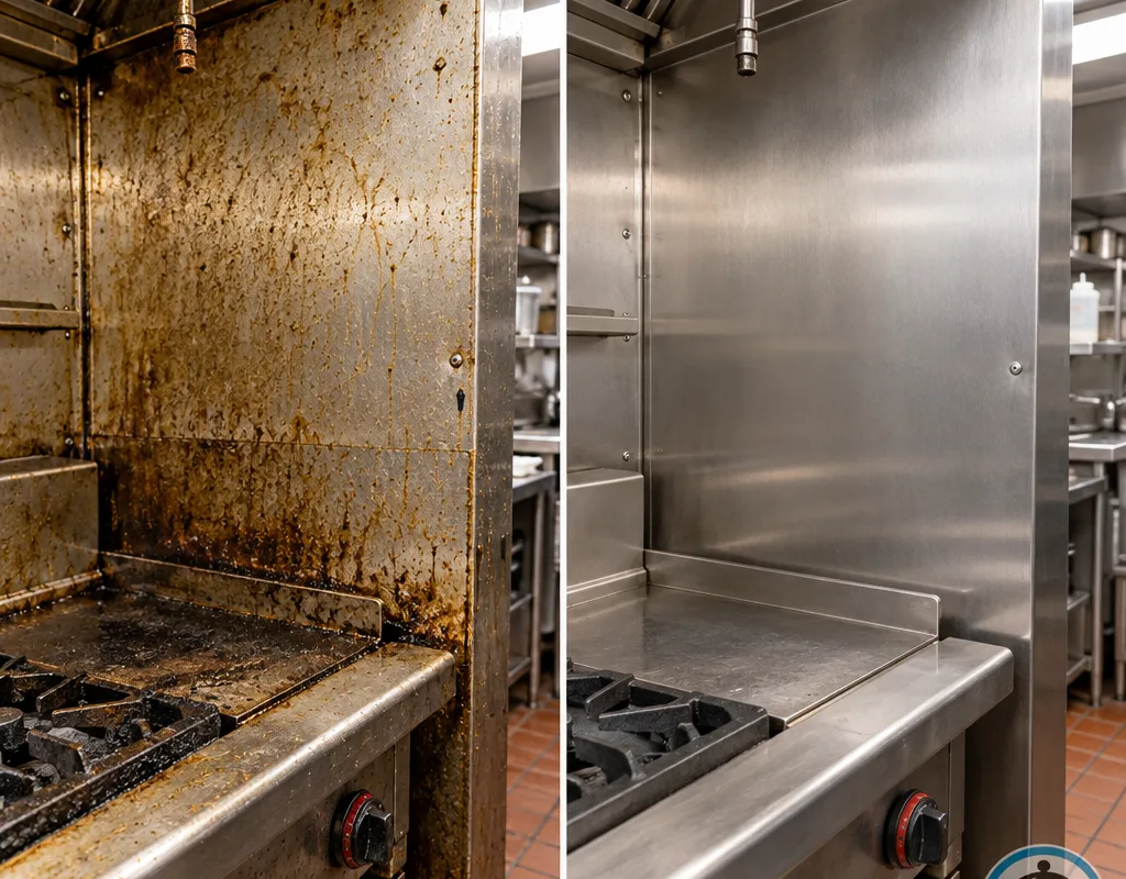 Before and after view of grease removed from a cookline side panel and adjacent wall splash