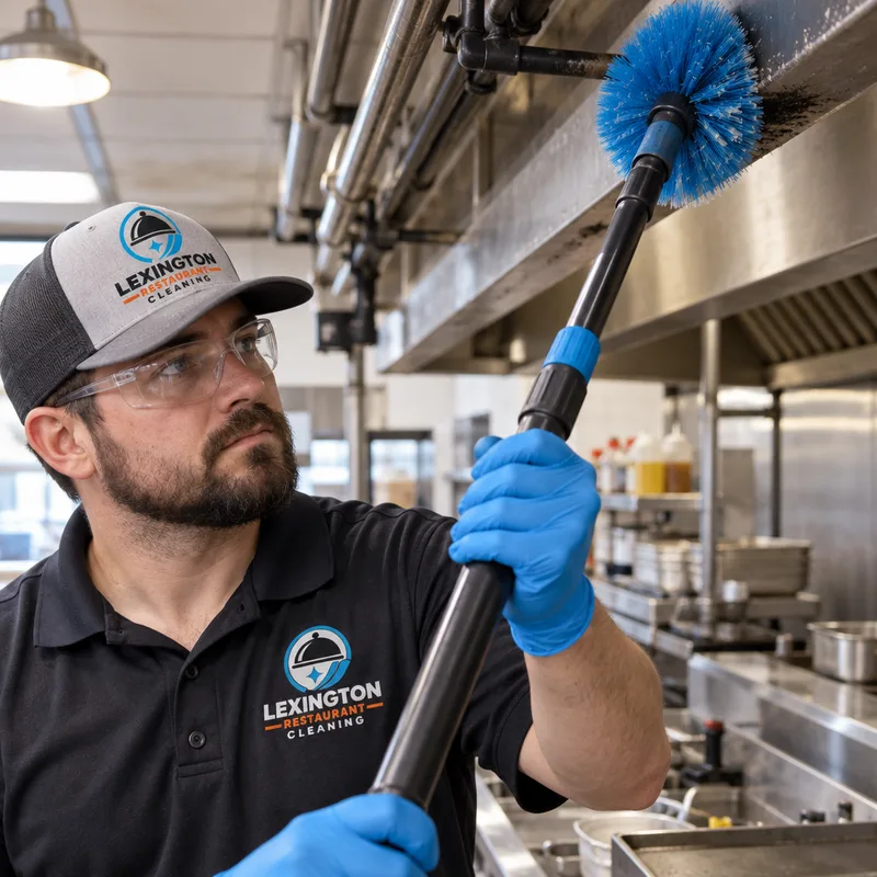 Cleaner removing dust and grease film from overhead ledges and utility lines above a prep area