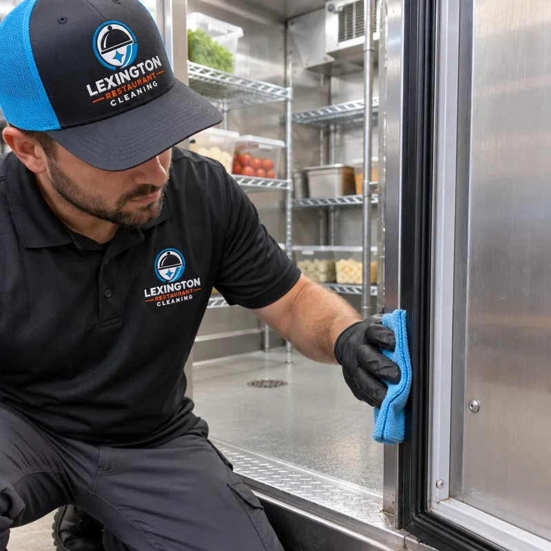 Cleaned walk-in cooler threshold and door gasket with wiped shelving and dry floors
