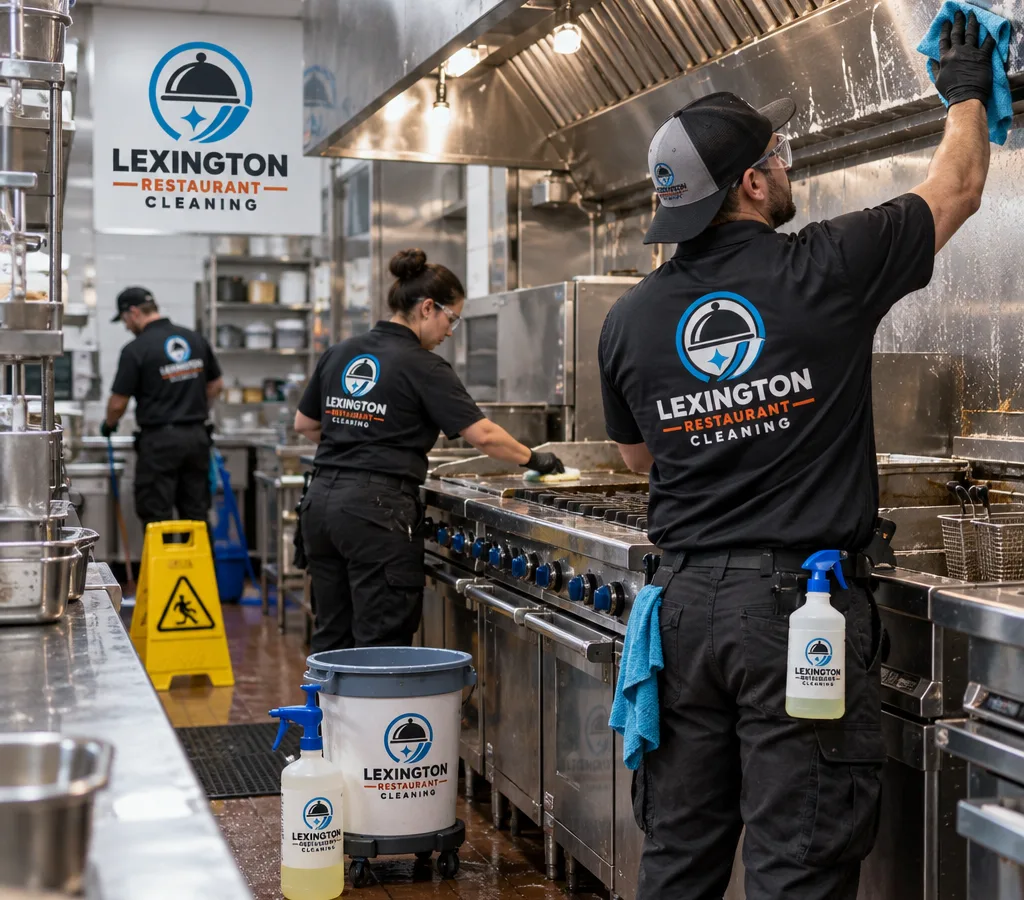 Commercial kitchen cleaning crew in PPE detailing a stainless cookline and hood-adjacent surfaces after hours