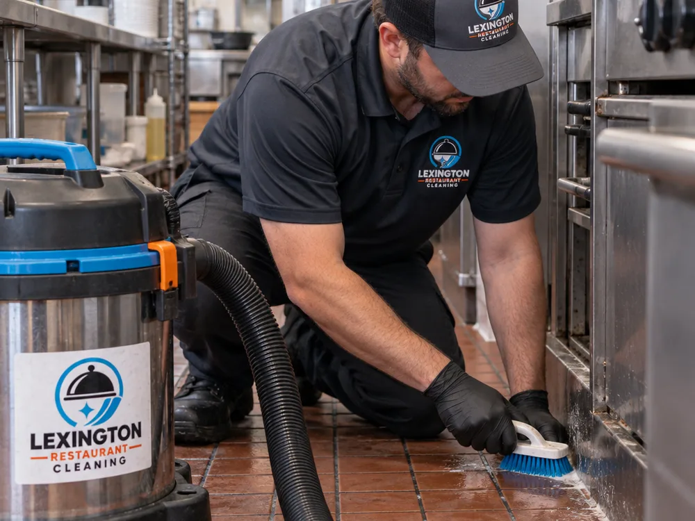 Cleaner hand-detailing floor edges and baseboards behind a partially moved stainless prep line