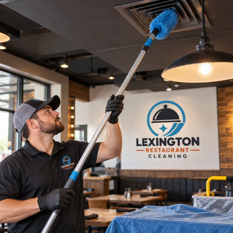 Technician performing high dusting on a restaurant ceiling vent and light fixture with an extension pole and protective cloths below