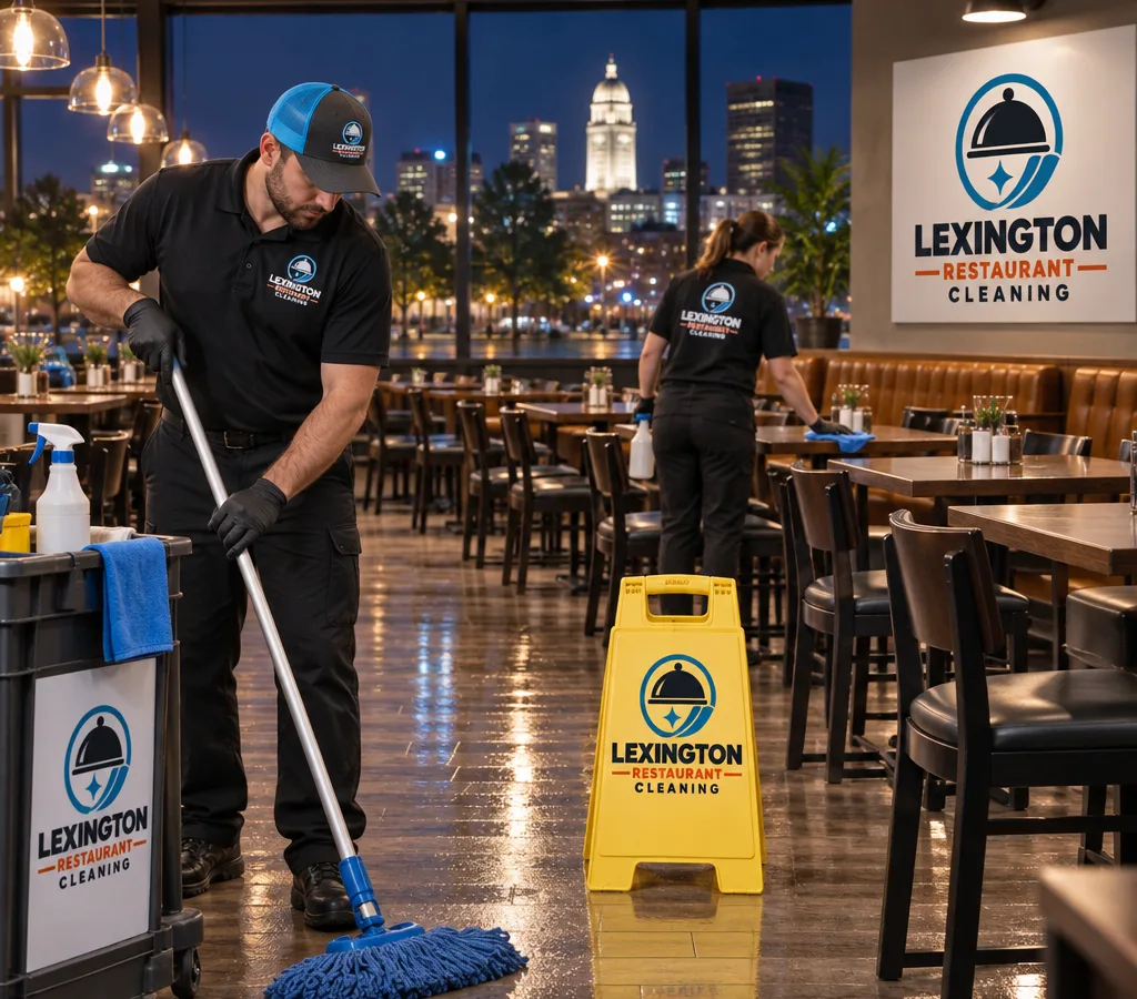 After-hours crew cleaning a Lexington restaurant dining room with sanitized tables, aligned chairs, freshly mopped floors, and a wet-floor sign
