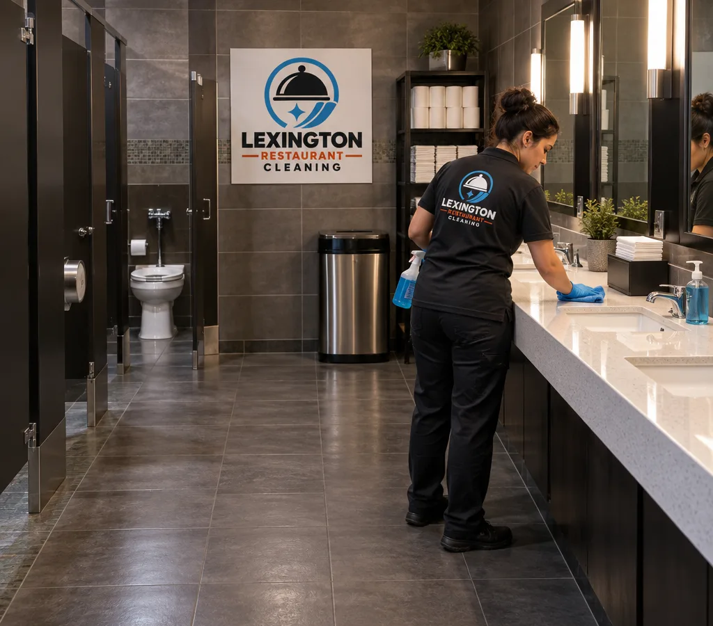 Freshly cleaned Lexington restaurant restroom with clean sinks, mirrors, floors, and stocked dispensers