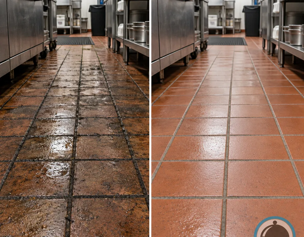 Before-and-after view of quarry tile showing dark grease lanes and blackened grout followed by cleaner grout and more even tile color