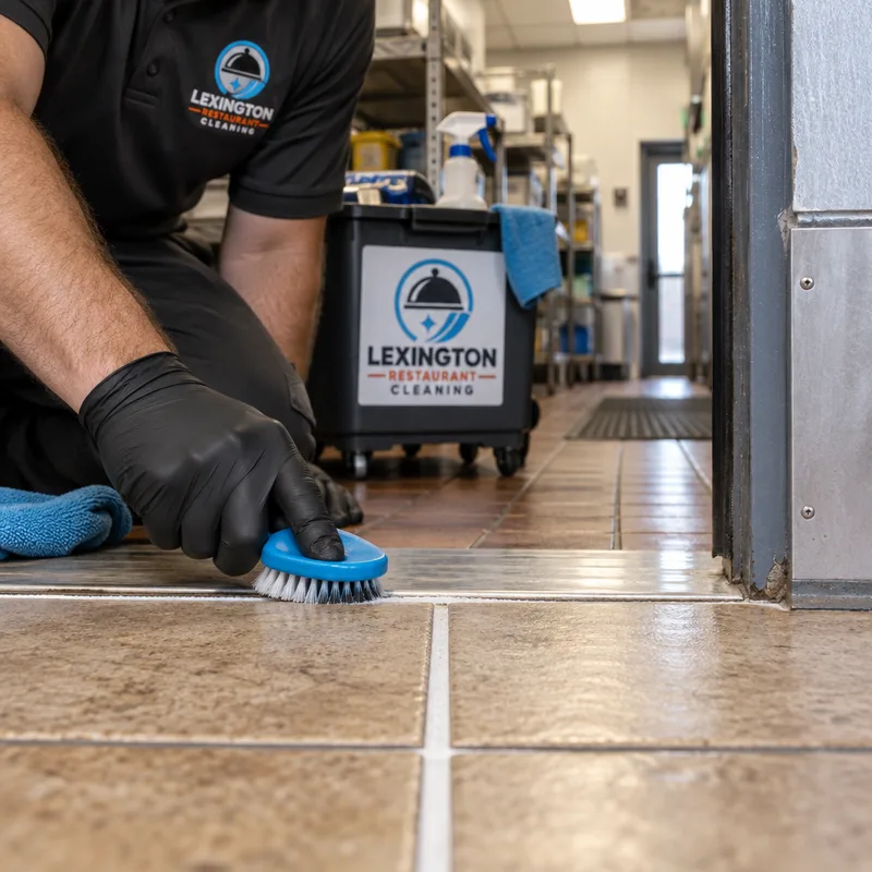 Cleaned grout lines at a threshold between a restaurant kitchen and back hallway