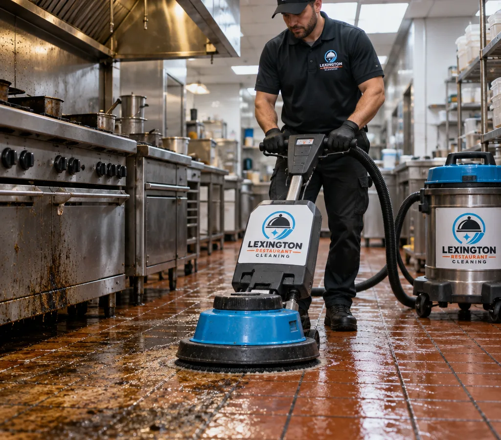 After-hours commercial kitchen floor cleaning in a Lexington restaurant with a technician using a scrubber and wet vac on quarry tile