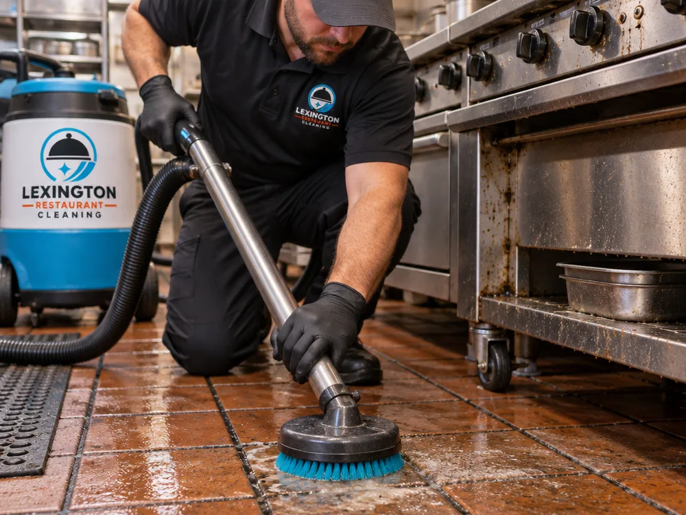Scrub head cleaning darkened grout and textured restaurant tile near a commercial cook line while water is recovered