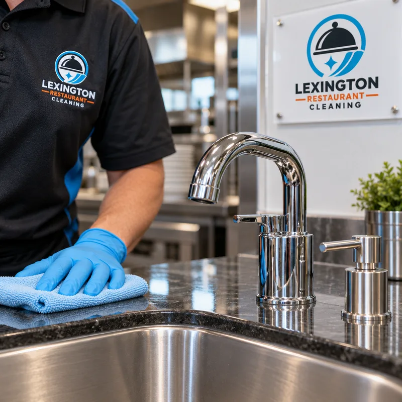 Clean sink countertop and faucet without water spots or soap scum and a wiped dispenser area