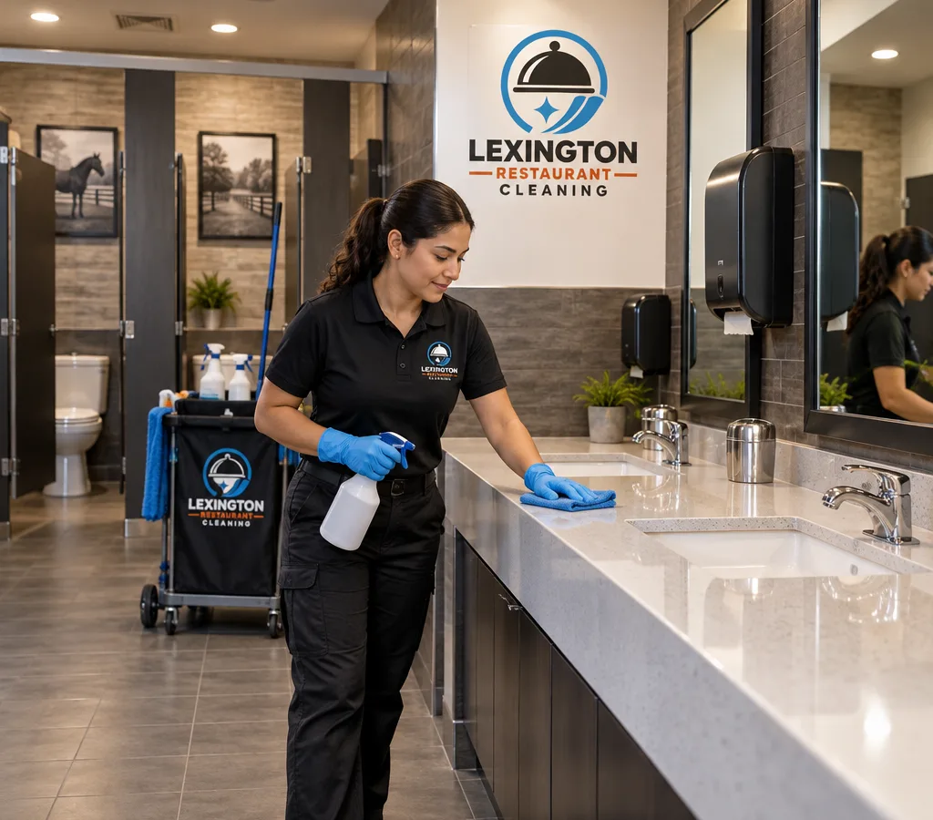 Spotless high-traffic commercial restaurant restroom with clean sinks, mirrors, toilets, and stocked dispensers