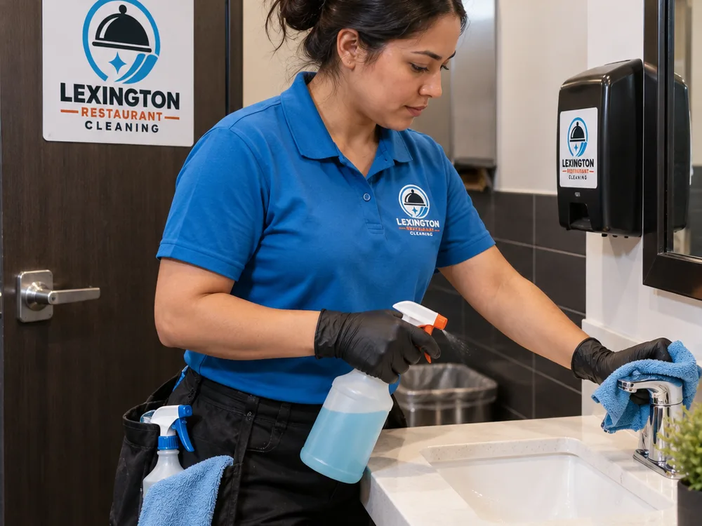Gloved cleaner disinfecting a door handle, dispenser, and sink faucet in a commercial restaurant bathroom
