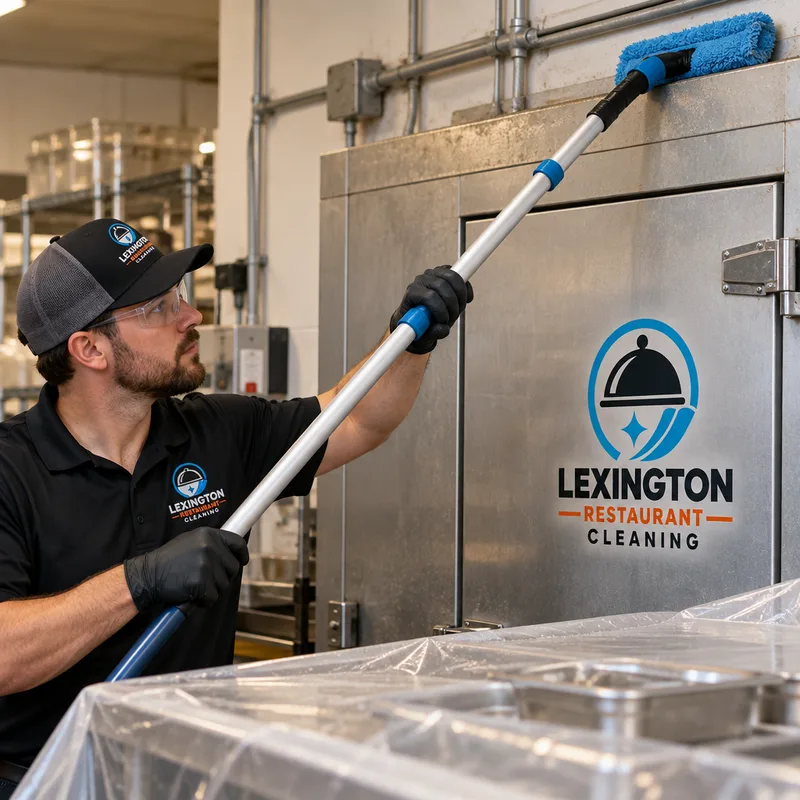 Technician using an extendable microfiber pole to clean the top of a walk-in cooler and nearby conduit