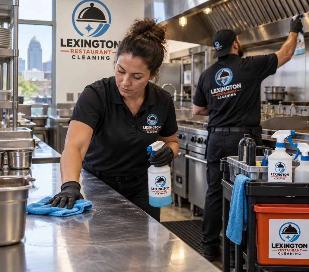 Commercial kitchen crew cleaning a stainless prep line and hood area with labeled food-safe cleaners