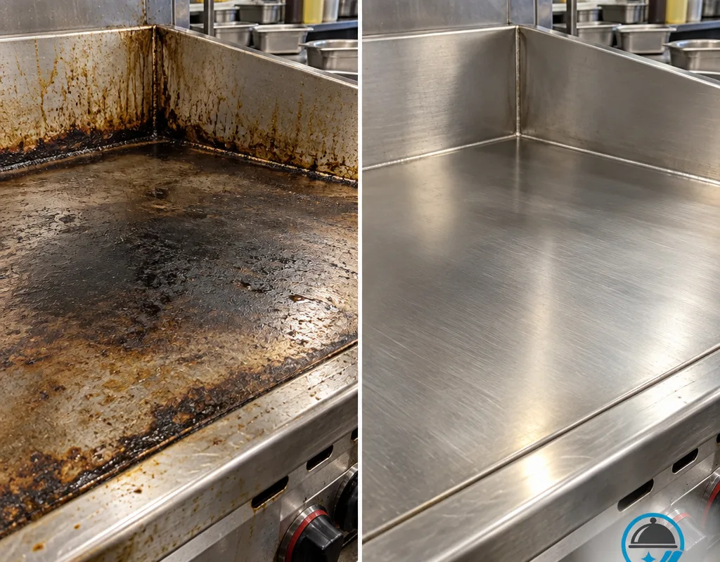 Commercial flat-top corner before cleaning with carbon and grease, and after cleaning with restored seams