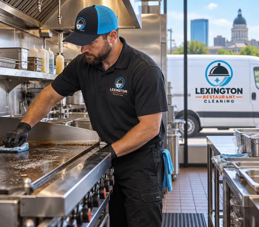 Technician cleaning a commercial flat-top and surrounding stainless surfaces while protecting food-contact areas