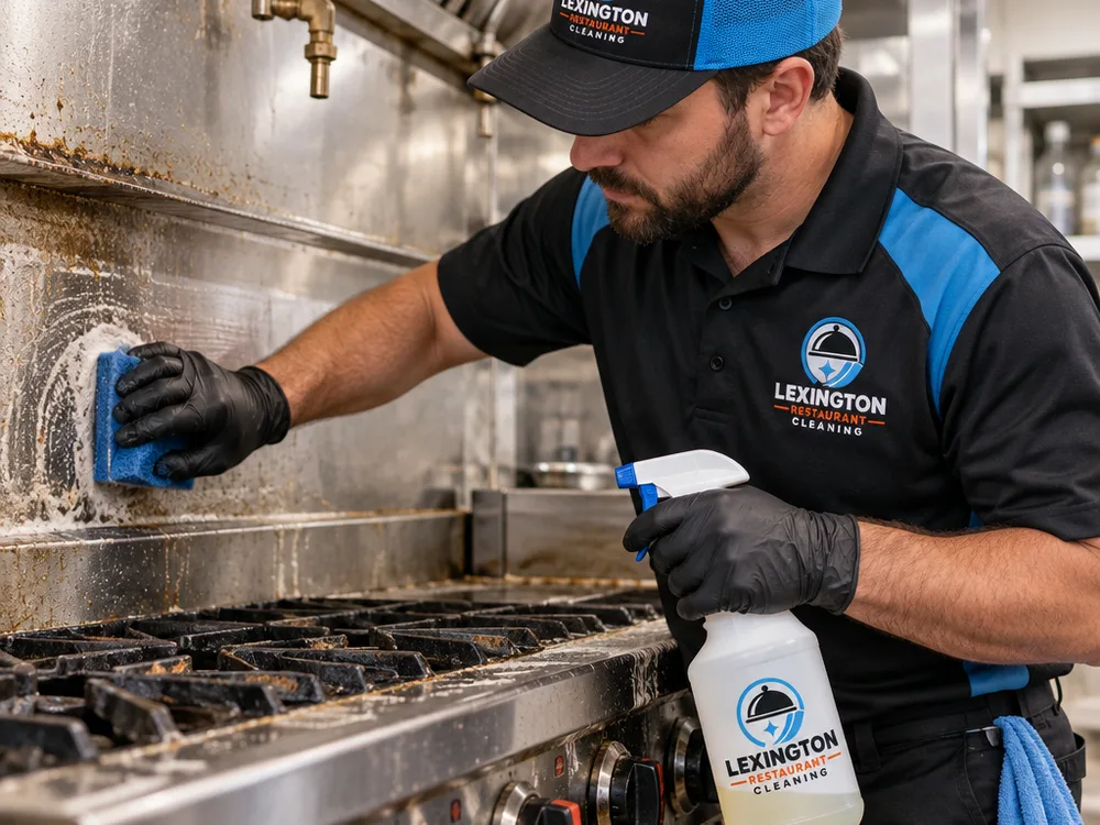 Technician detailing cookline edges, knobs, seams, and backsplash with controlled degreasing methods