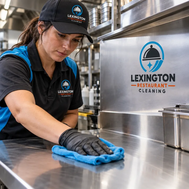 Technician wiping and polishing stainless steel prep surfaces and backsplash in a commercial kitchen