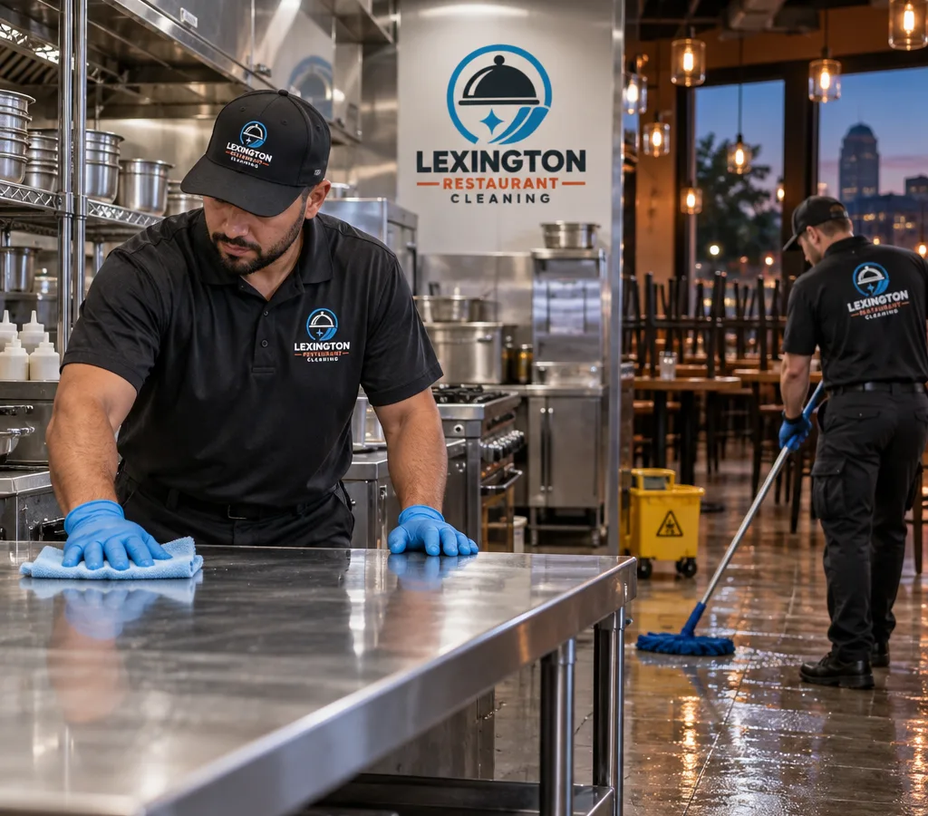 Evening restaurant cleaning with technicians wiping stainless prep tables and mopping a commercial kitchen floor