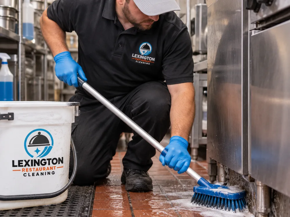 Technician scrubbing a commercial kitchen floor edge and baseboard beside stainless equipment