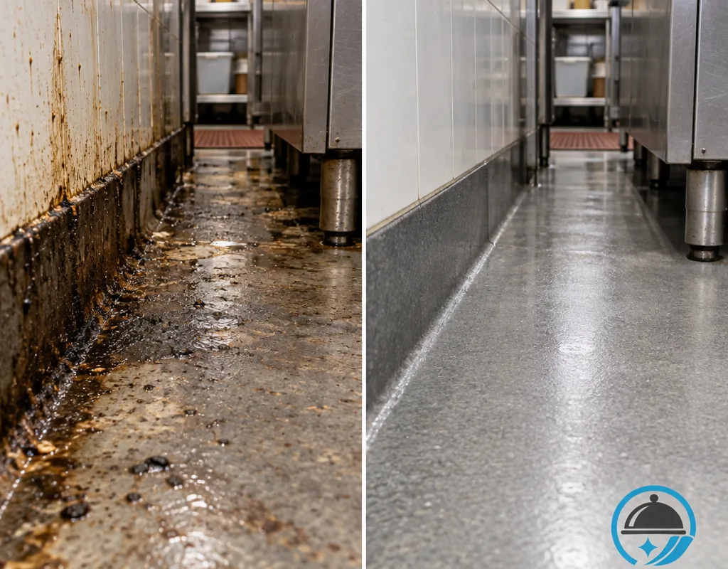 Before and after view of a restaurant cook-line floor edge showing greasy buildup removed from the floor and wall junction