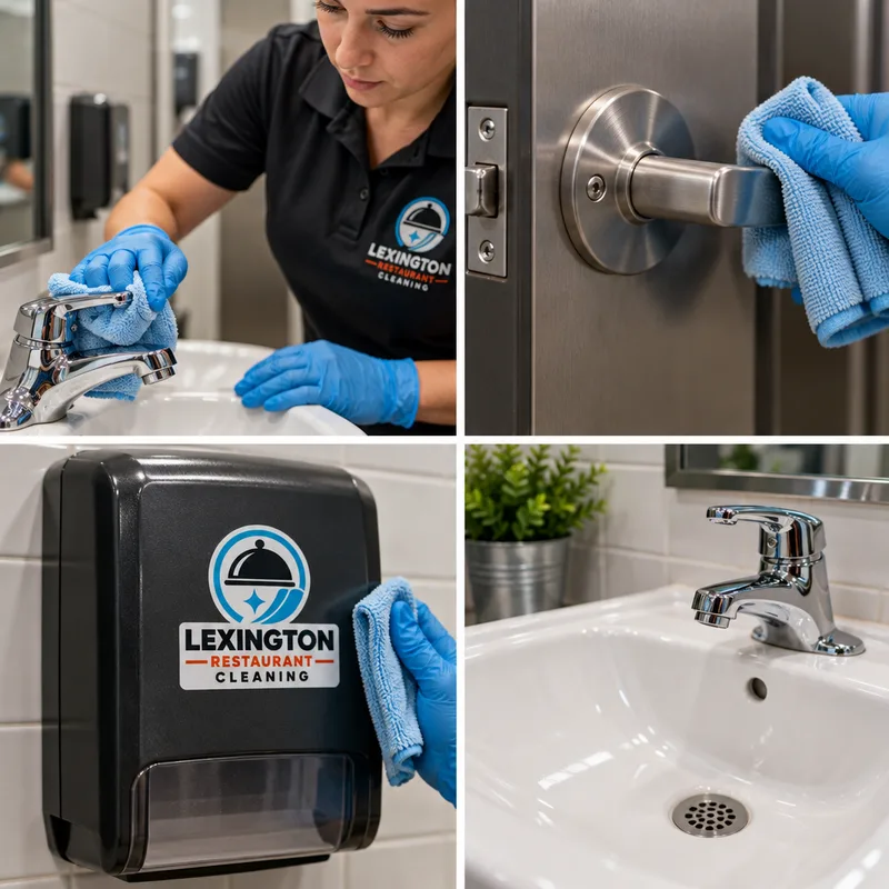 Freshly cleaned and dry restaurant restroom touch points including faucet handles, door latch, dispenser, and sink basin