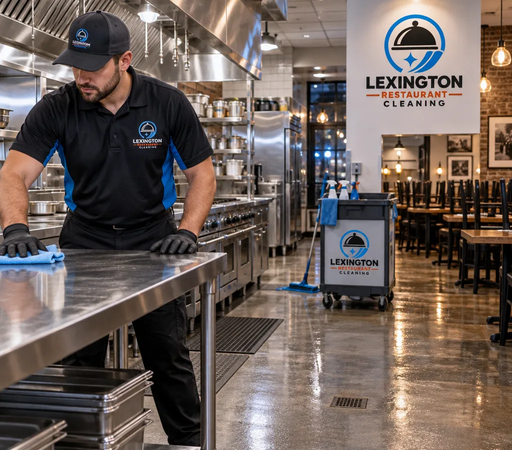 After-hours technician cleaning stainless prep tables in a Winchester restaurant with freshly mopped floors and reset dining chairs