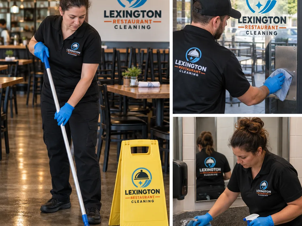 Cleaner detailing a restaurant dining room and restroom corridor with a wet-floor sign placed while wiping touch points and glass