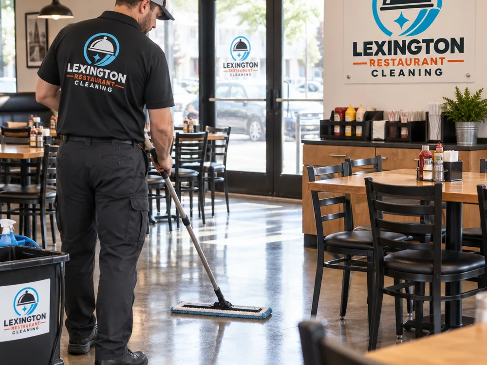 Clean restaurant dining area with streak-free floors, aligned chairs, clear entry glass, and an organized condiment station