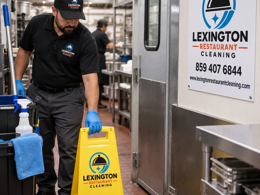 Crew member placing a wet-floor sign and staging tools in a restaurant back-of-house corridor