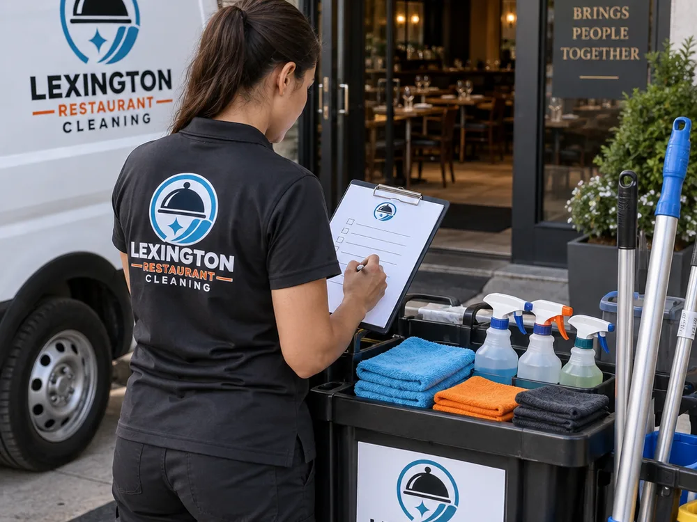 Cleaning team staging labeled supplies and reviewing a written restaurant-cleaning scope